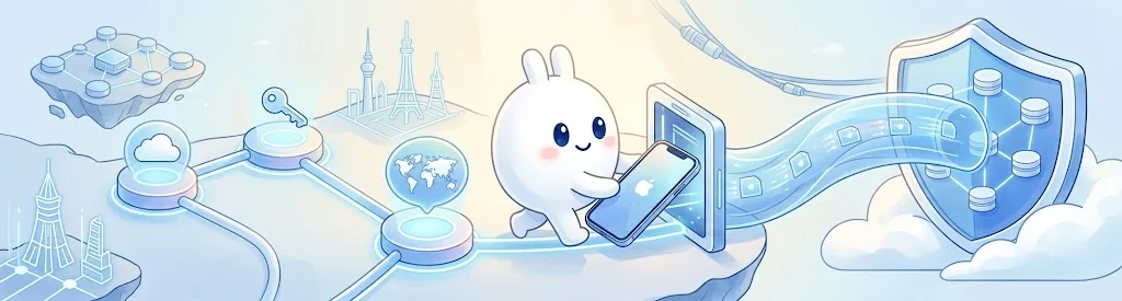 Милый маскот GigaDollarVPN подключает iPhone к защищенному VPN-туннелю — иллюстрация к инструкции по настройке VPN на iOS